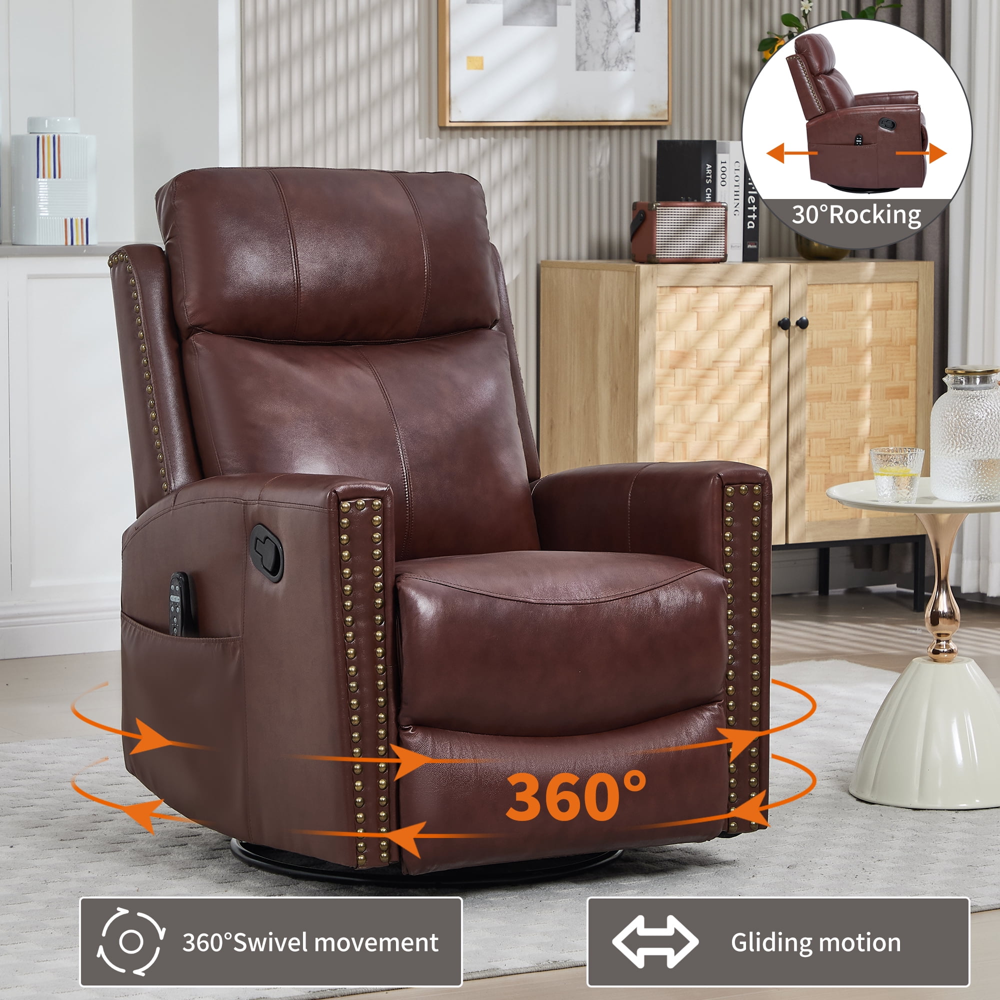Leumius Swivel Rocker Recliner Chair with Vibration Massage and Lumbar Heating,Rivet Design Lounge Chair with Rocking Function and Side Pocket for Living Room,Deep Red