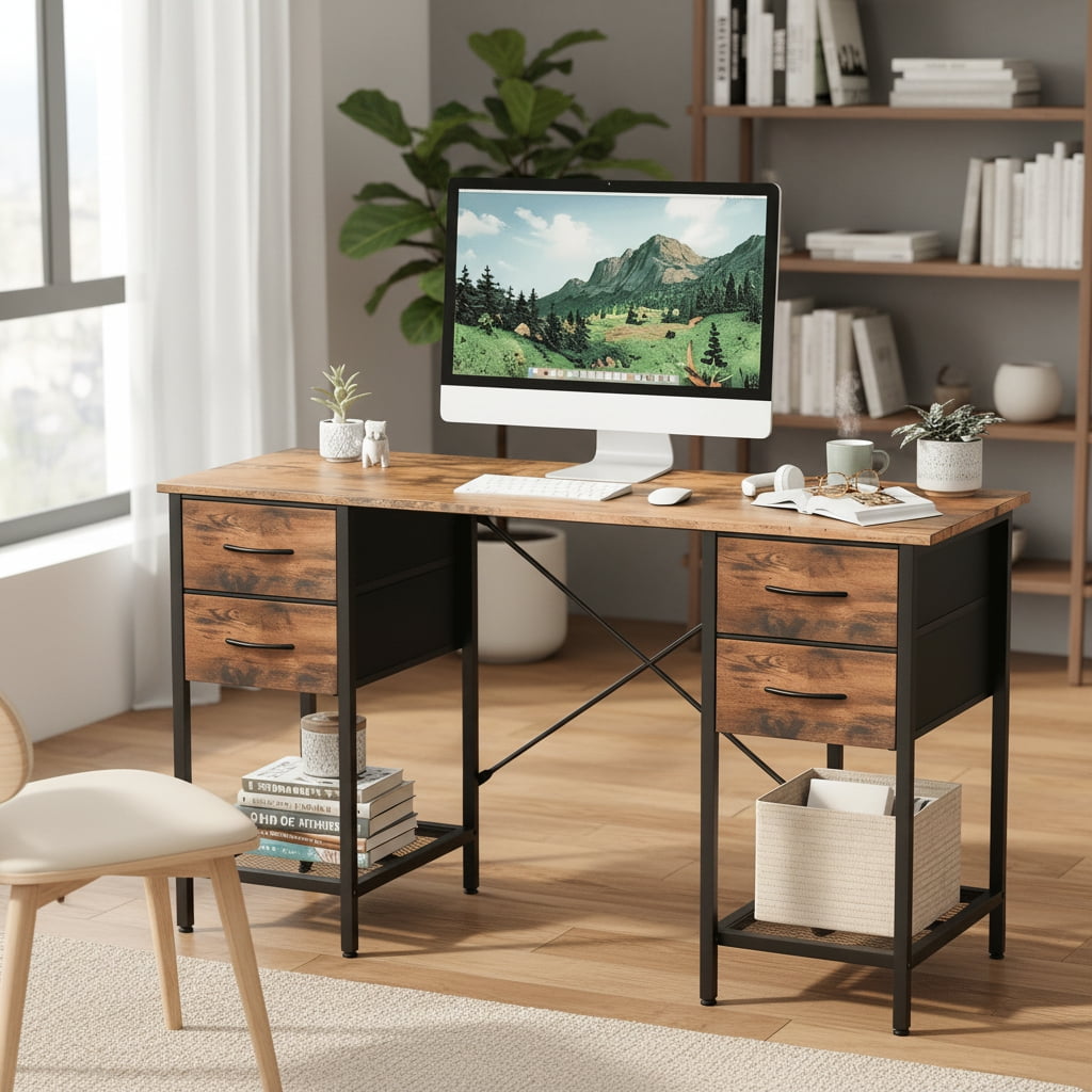 CONCETTA 55 Inch Computer Desk with 4 Drawers & Mesh Shelf, Large Desktop,Storage Desk for Home Office, Gaming & Study, Flexible Setup, Rustic Brown