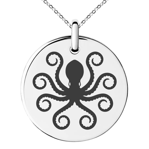 Stainless Steel Legendary Kraken Engraved Small Medallion Circle Charm Pendant Necklace