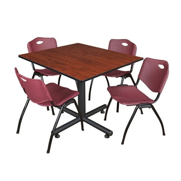 Regency Kobe 48" Square Breakroom Table- Cherry & 4 'M' Stack Chairs- Burgundy
