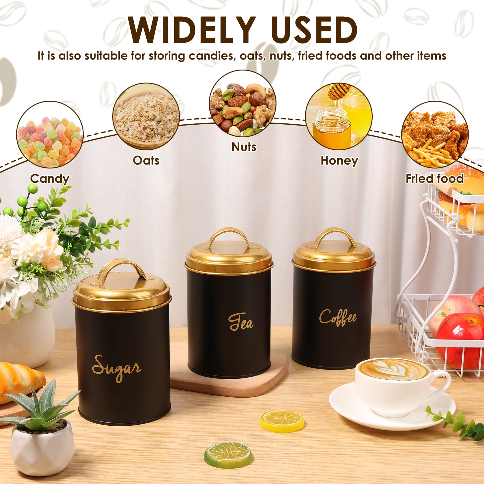 3 Pcs Tea Coffee Sugar Cannister Set Food Storage Containers Set Labelled Storage Tins Containers with Airtight Lids Canisters for Kitchen Accessories & Essentials Rustic Vintage Canisters
