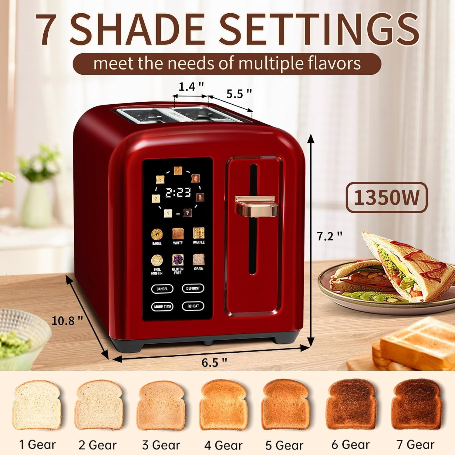 Toaster 2 Slice, Touch Control Stainless Toaster LCD Display, 50% Faster Heating Speed, 1.4'' Wide Slots, More Timer Functions, Removable Crumb Tray, 1350W, Dark Metallic