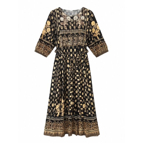 Women's Boho Ethnic Print Maxi Dress Crew Neck Flared Sleeve Golden Belted Vacation Beach Swing Dress