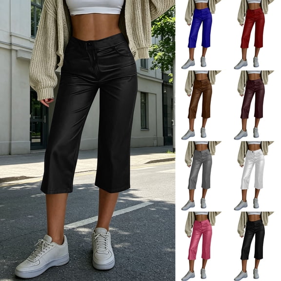 Women’s Faux Leather Capri Pants Elastic High Waist with Zipper & Button Closure, Loose Straight Wide Leg Cropped Trousers with Pockets White