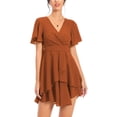 thumbnail image 5 of Aiyino Women's Dress Deep V-Neck Short Sleeve Waist Tie Ruffle Mini Swing Skater Dresses,Brown, 5 of 9