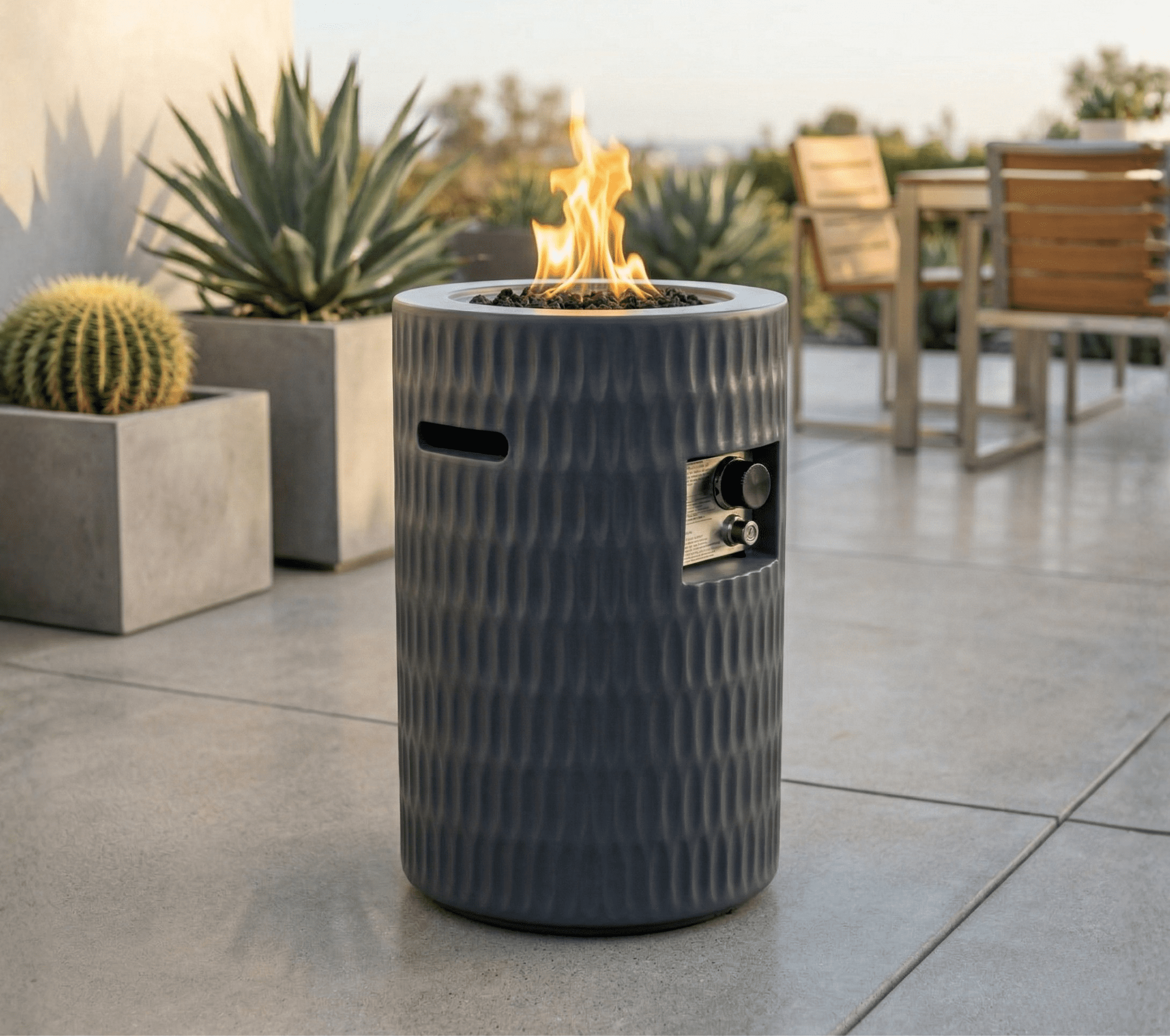 Mintazer 26" Propane Fire Pit, 40,000 BTU Cylindrical Concrete Outdoor Fire Pit with Hidden Tank & Waterproof Cover for Patio Backyard Deck, Dark Grey