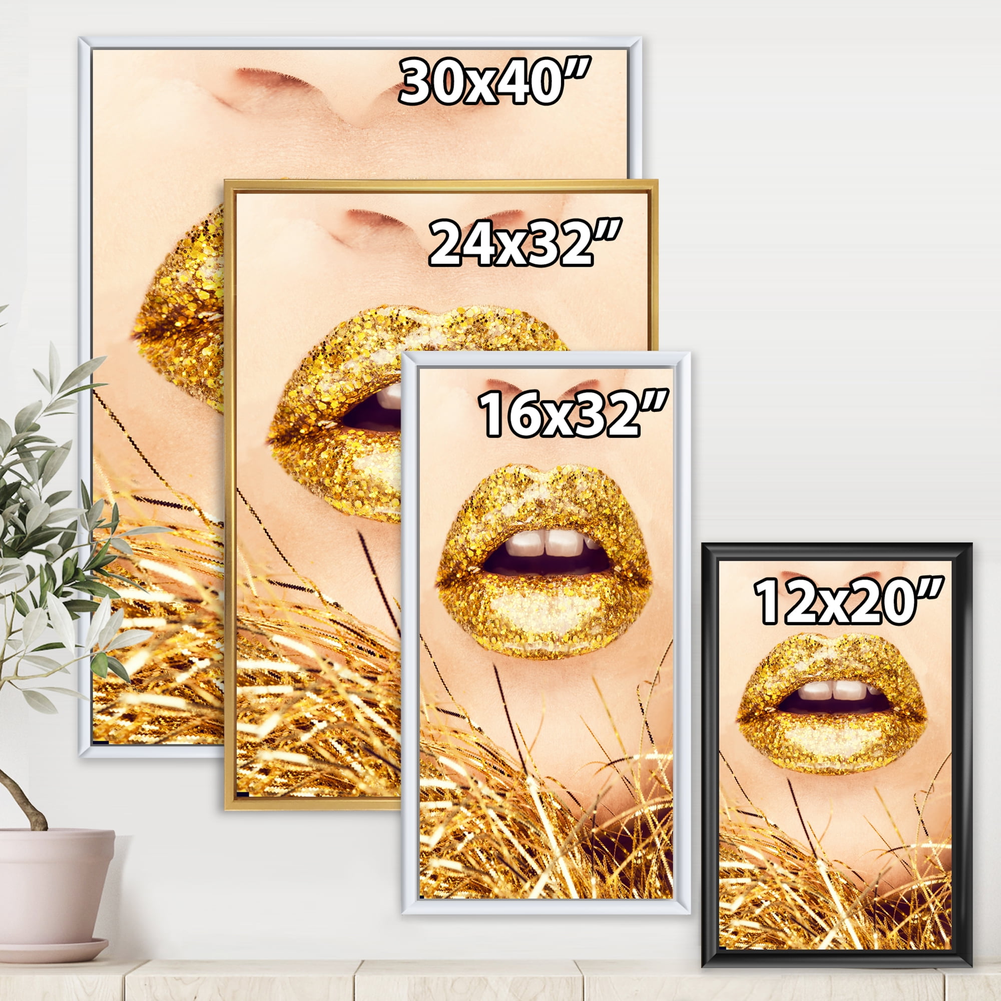 Designart 'Close-Up Of Golden Female Lips I' Modern Framed Canvas Wall Art Print