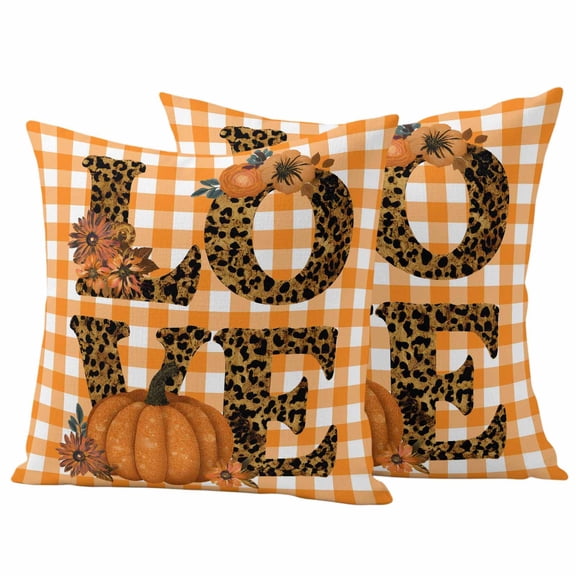 Orange Pumpkins Fall Outdoor Waterproof Pillow Covers, Thanksgiving Botanical Plaid Farmhouse Decorative Square Throw Pillowcase Sofa Cushion Sham for Patio/Couch/Chair, 18"x18" 2 Pack