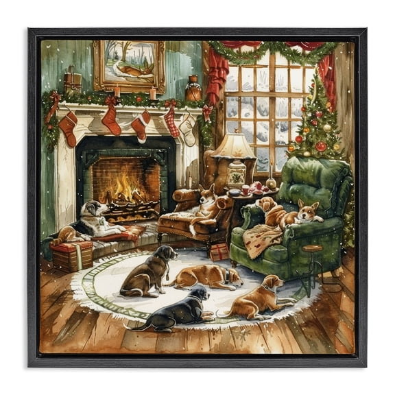 Stupell Industries Traditional Dogs Around Christmas Fireplace Black Floating Frame Canvas Art, 18 x 18, by LSR Design Studio