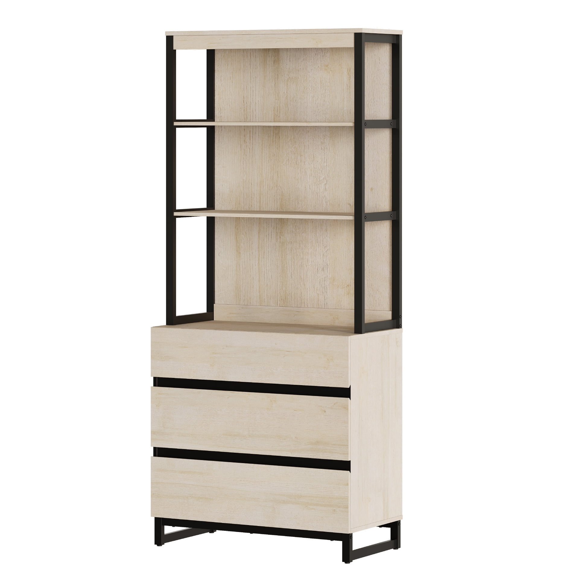 WAMPAT Modern 72" Tall Library Bookcase with 3 Drawers & Open Shelves, Wood Freestanding Bookcase with Storage Cabinet for Home Office & Living Room, Beige