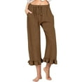 thumbnail image 2 of RPVATI Linen Pants for Womens Casual Drawstring High Waisted Vacation Wide Leg Capri Pants Summer Yoga Ruffle Cropped Beach Palazzo Pants with Pockets Brown XXL, 2 of 8