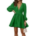 thumbnail image 2 of Mini Deep V Long Sleeve Dress for Women A-Line High Waisted Casual Flowy Dress for Wedding Guest Green M, 2 of 8