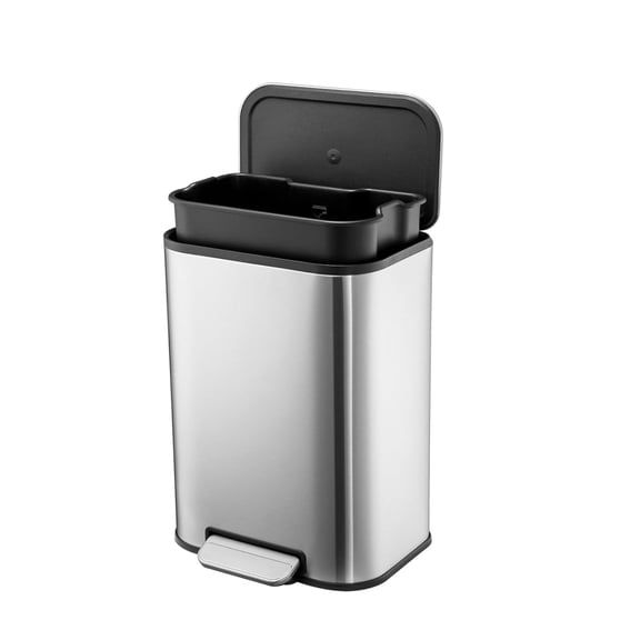 Small Trash Can with Lid, 3.2 Gallon Stainless Steel Garbage Can, Rectangular Step on Waste Bin with Foot Pedal & Inner Bucket, Quiet Close, for Kitchen Bathroom Bedroom Living Room Office