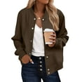 thumbnail image 4 of WMTBSRSW Womens Bomber Jacket Casual Button Down Jackets Lightweight Solid Crewneck Short Coat Lightweight Long Sleeve Outwear Brown Medium, 4 of 9