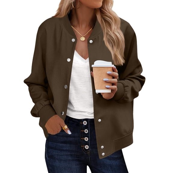 XFLWAM Bomber Jacket Women Varsity Casual Button Down Lightweight Jackets Fall Fashion Short Coat School Outfits with Pockets Brown S