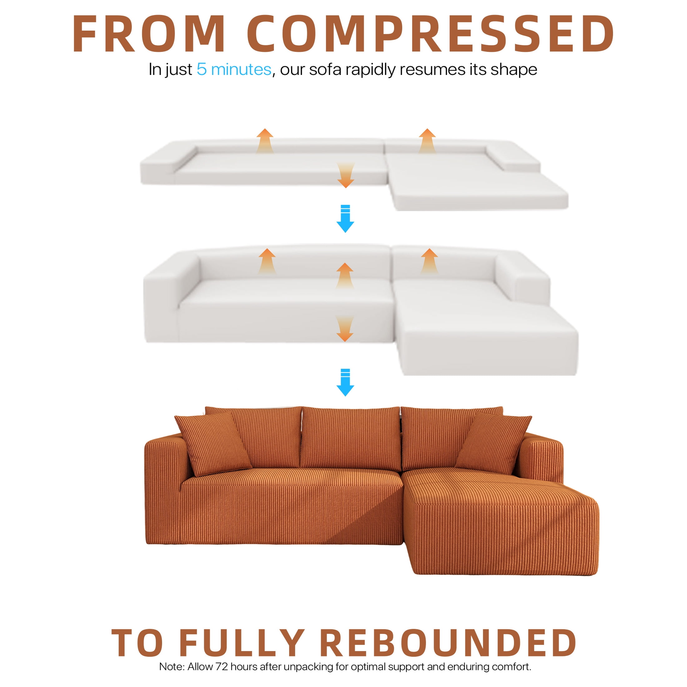 DEALTOPS 104'' Modular L-Shape Sectional Sofa with Chaise, Comfy Deep-Seat Cloud-Couch, Corduroy - Orange