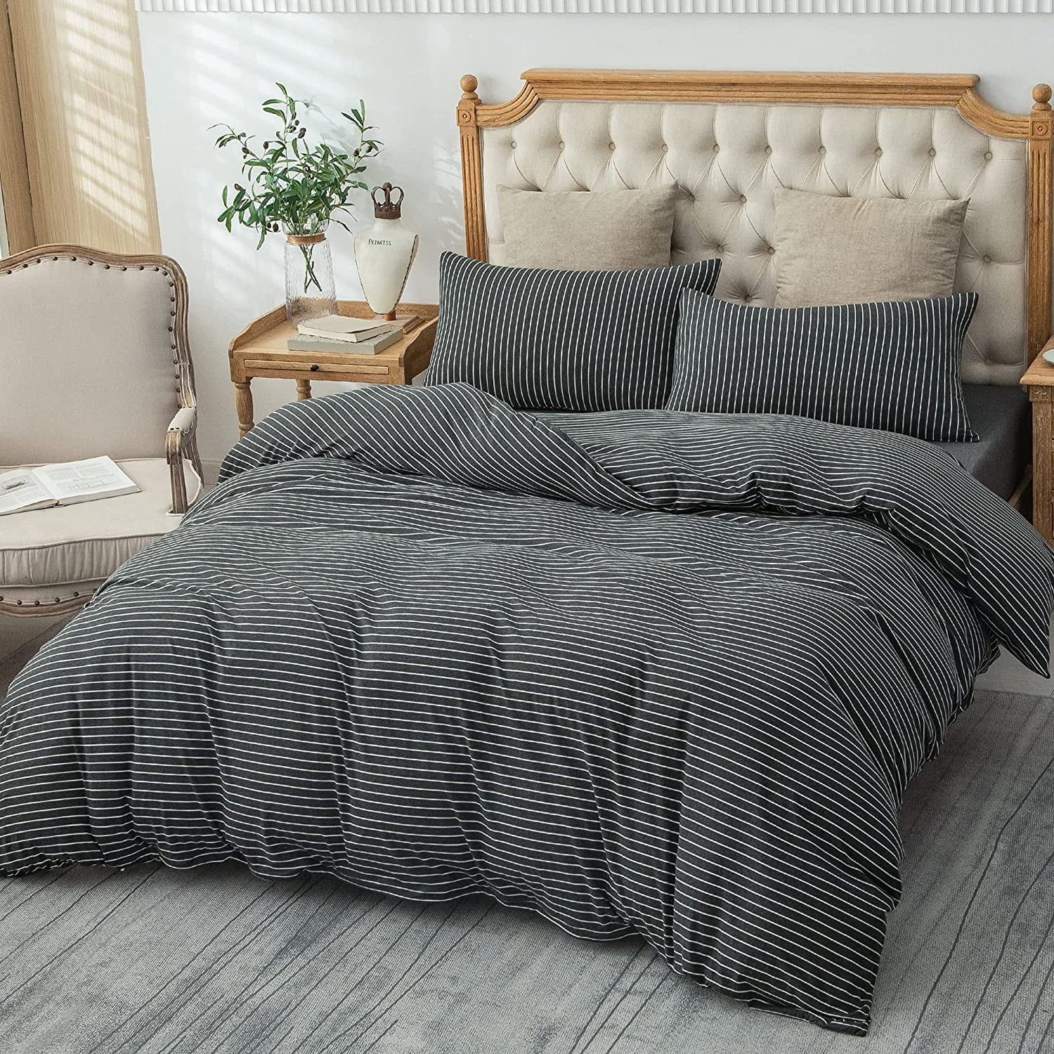 PURE ERA Duvet Cover Set - Ultra Soft Heather Jersey Knit Cotton Home Bedding Narrow Pinstripes Black & White King Size, 1 Comforter Cover and 2 Pillow Shams