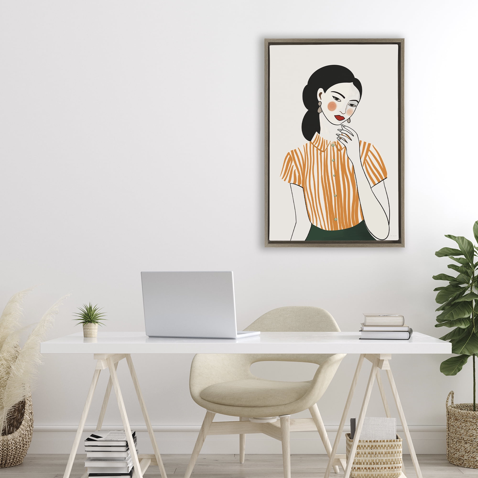 Stupell Industries Woman in Orange Blouse Brown Framed Floater Canvas Wall Art, design by Omar Escalante