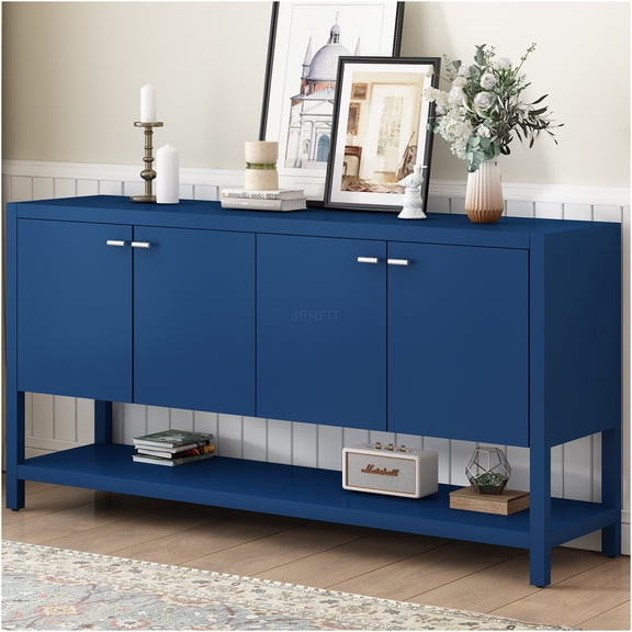 JERFIT Navy Blue Console Table with Storage, U-Shaped Entryway Sofa Table for Hallway, Living Room & Study, Functional Organizer Desk with Shelf