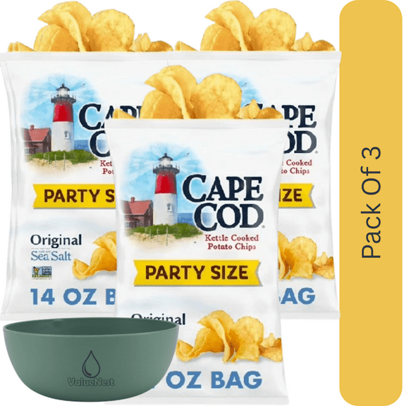 Cape Cod Potato Chips Original Flavor, Kettle Cooked Party Size 14 oz Bag With Olive Green Bowl By ValueNest