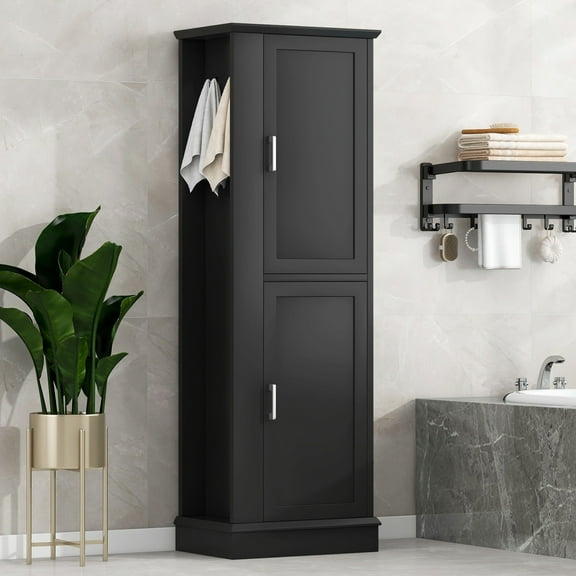 GDF Studio 68" Bathroom Storage Cabinet with Side Hook, Adjustable Shelves, Black