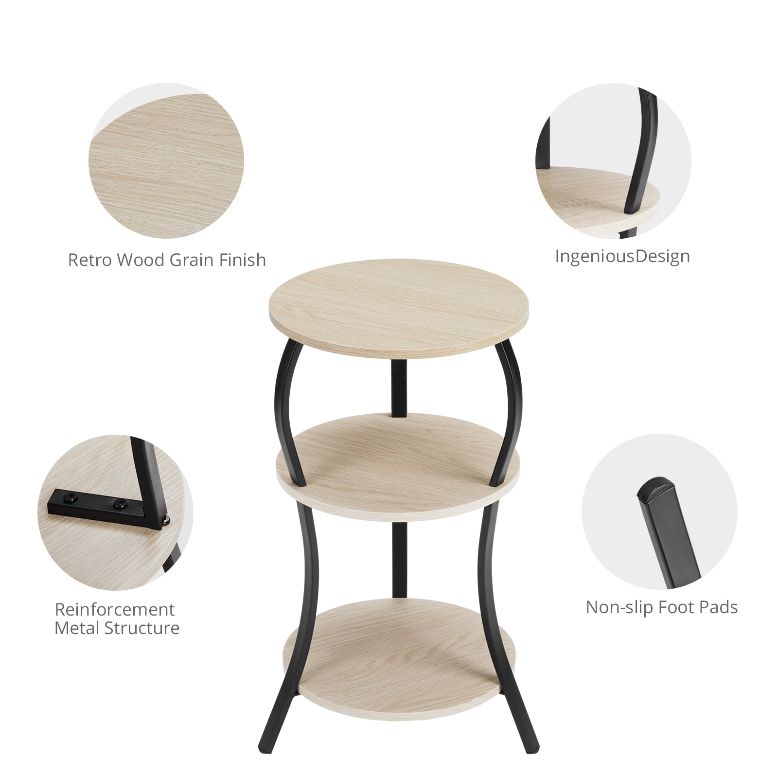 ZEXVIDA Vintage Small Round Side Table, 3-Tier Slim Waist Circular End Table with Storage Shelf,  Sofa Side Table, Round Corner Coffee Table Nightstand for Living Room Bedroom Small Spaces,Oak
