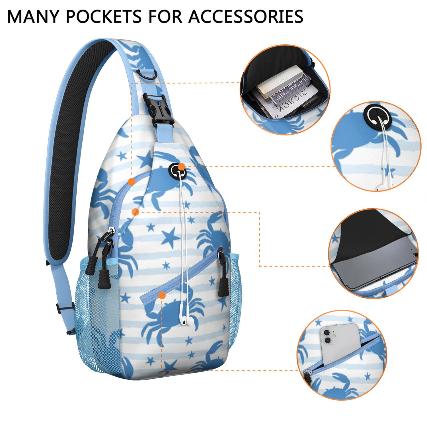 Sling Backpack Small BackpackTravel Sling Bag for Hiking Dating Gym Cycling Working Marine Adorable Crab
