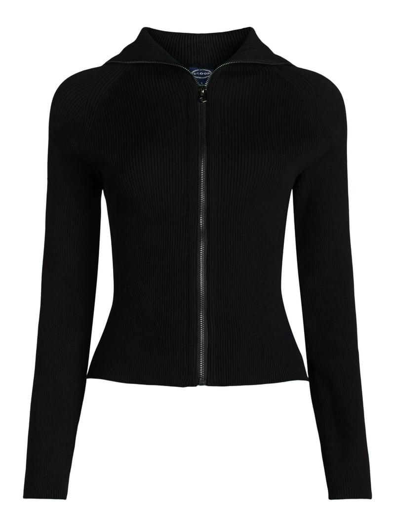 Scoop Women's Ribbed Zip Front Cardigan Sweater, Lightweight