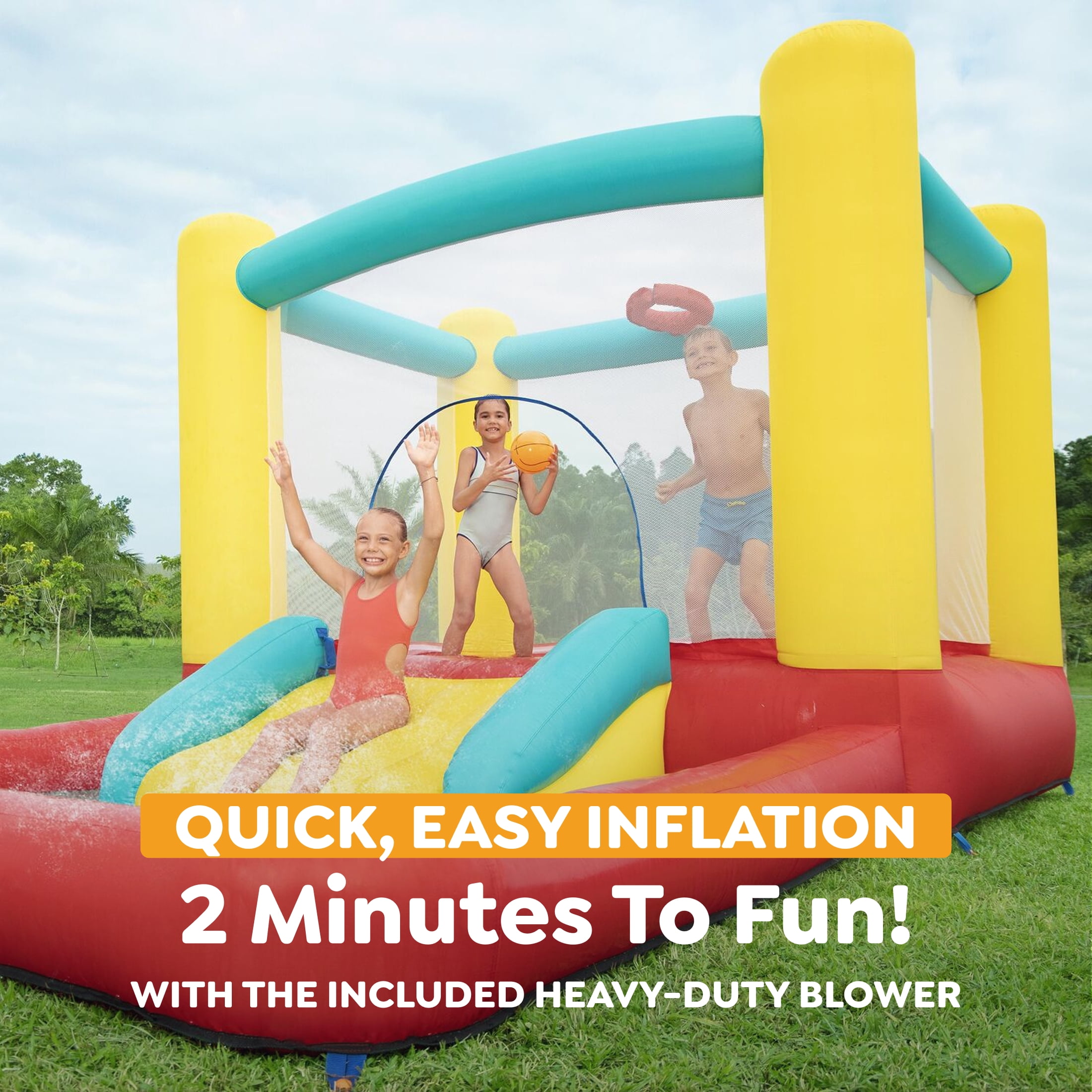 PlayDay Jump 'N Away Inflatable Bounce House with Play Features, Indoor/Outdoor, Ages 3+