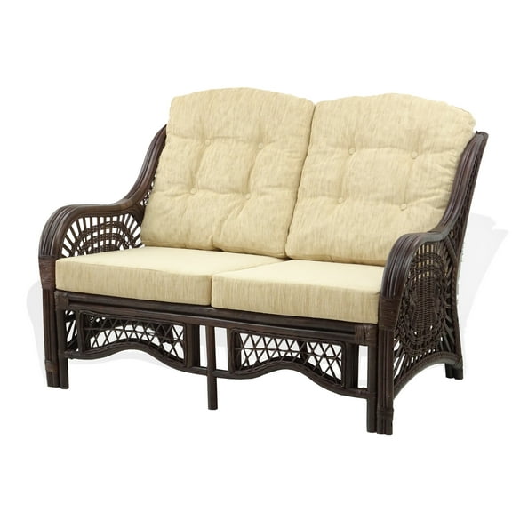 Malibu Lounge Loveseat Sofa ECO Natural Rattan Wicker Handmade Design w/Cream Cushions, Dark Brown