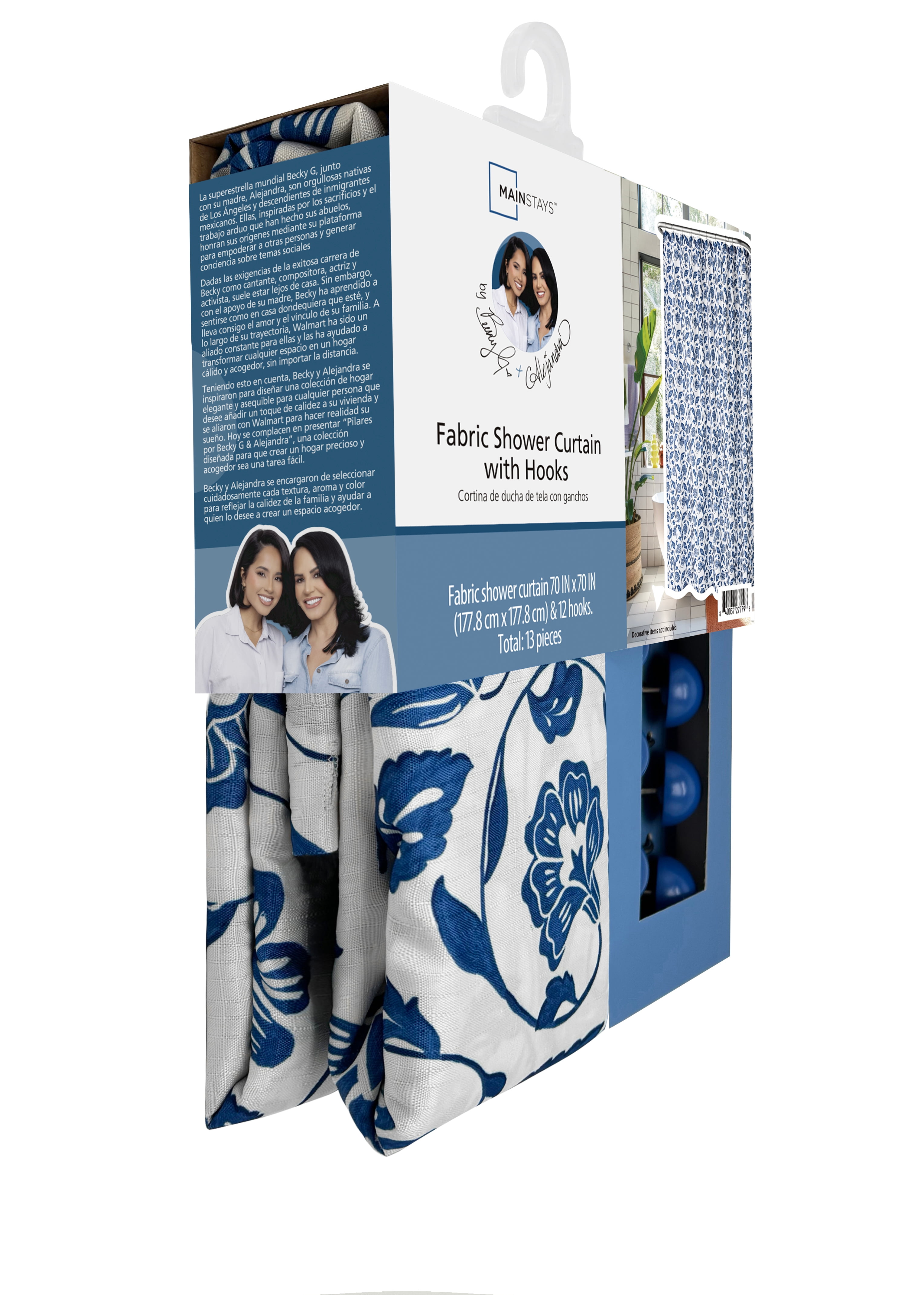 Mainstays by Becky G. & Alejandra 13-Piece White & Blue Floral Fabric Shower Curtain Set