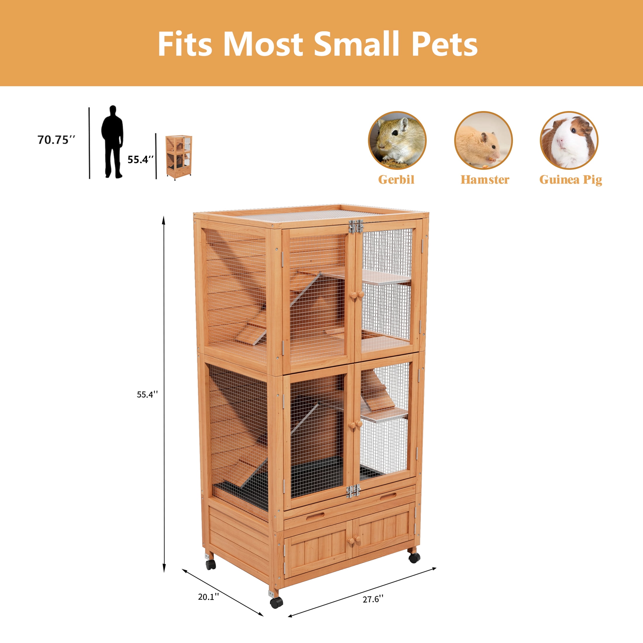 4-Tier Mobile Large Hamster Cages with Wire Mesh,Wooden Gerbil Habitats with 6 Magnetic Doors and Storage Shelf, Natural