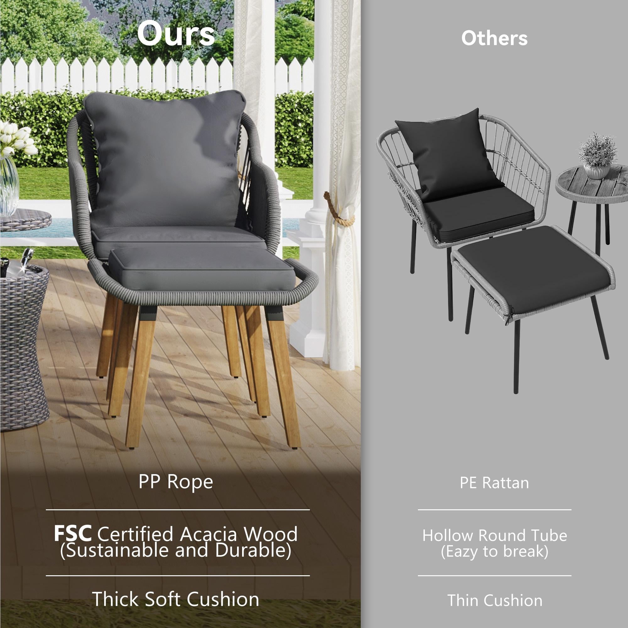 5 Piece Wicker Patio Furniture Set, Rattan Patio Chair Set with Ottoman and Wicker Cool Bar Table, Outdoor Furniture Set with Gray Seat Cushion for Garden, Backyard, Porch, Balcony, Poolside