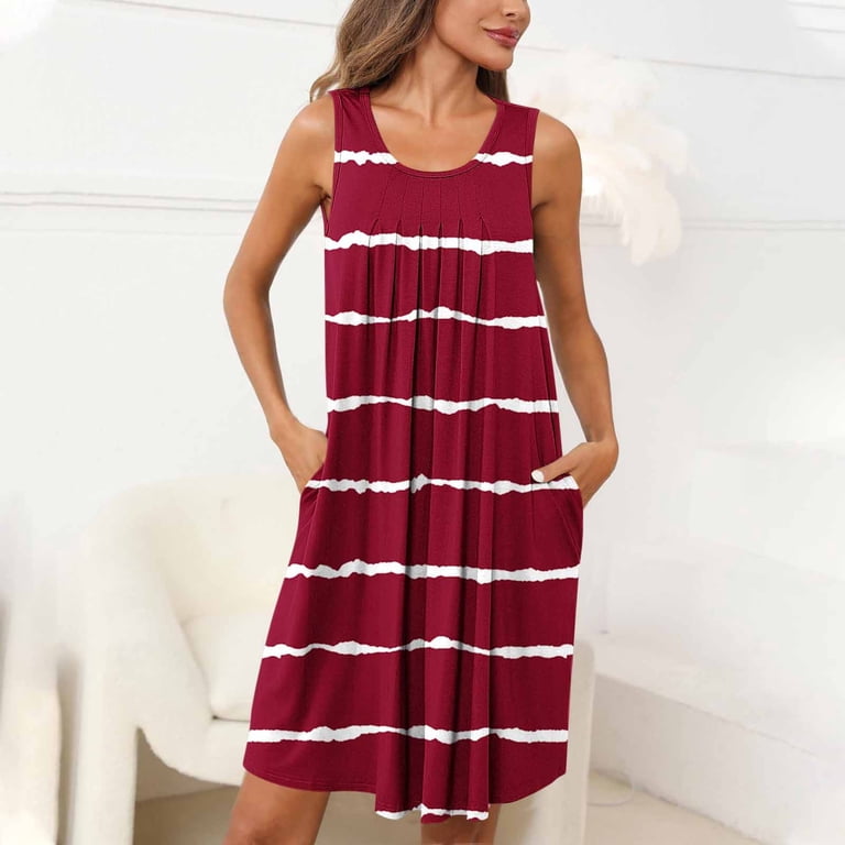 Npasoilc Summer Dresses for Women Casual Tank Dress Sleeveless Knee Length Nightdress Pleated Front Crew Neck Sun Dresses Nightgown with Pockets