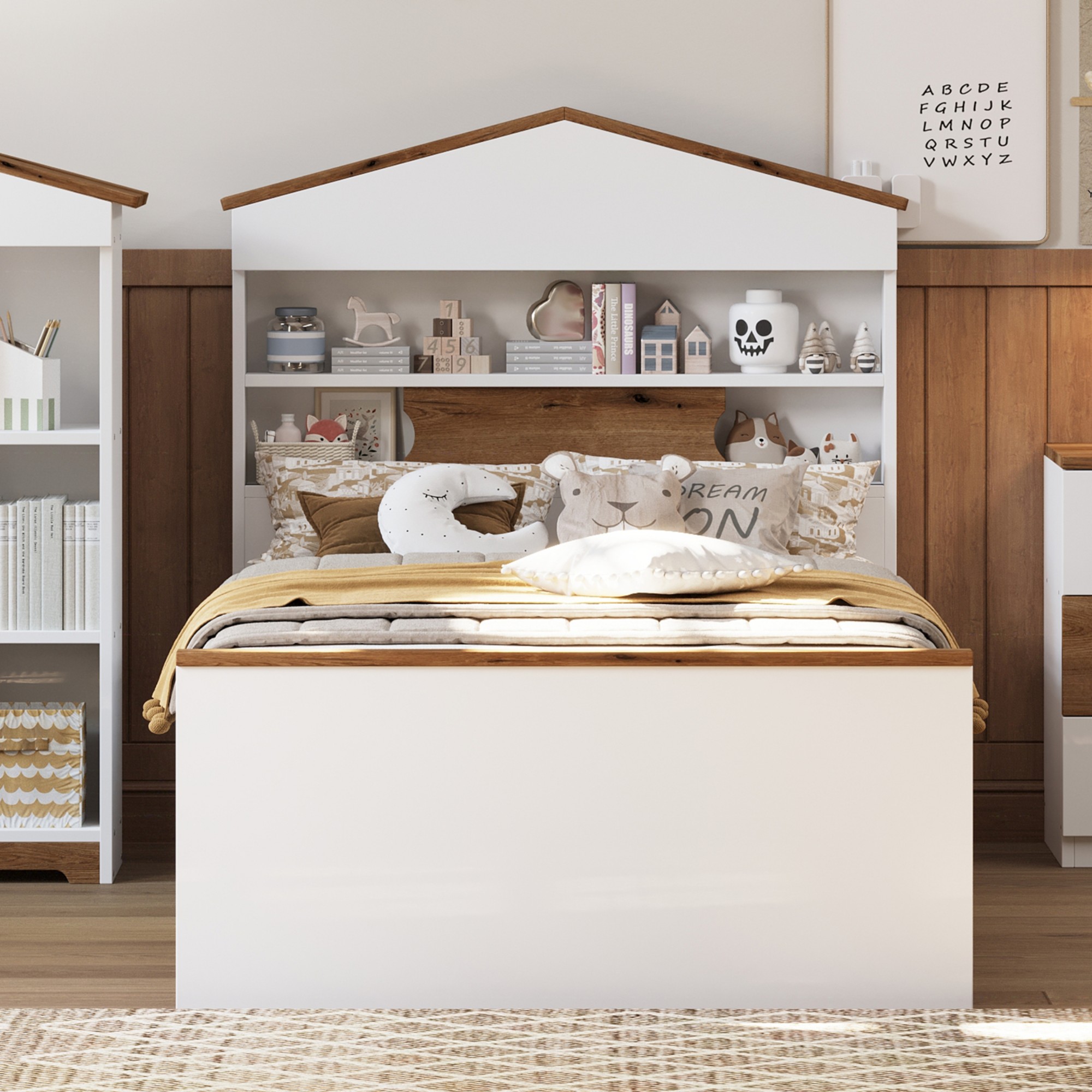 Aukfa Twin Platform Bed with 2 Drawers, House-Shaped Storage Headboard with Shelves for Kids, Brown