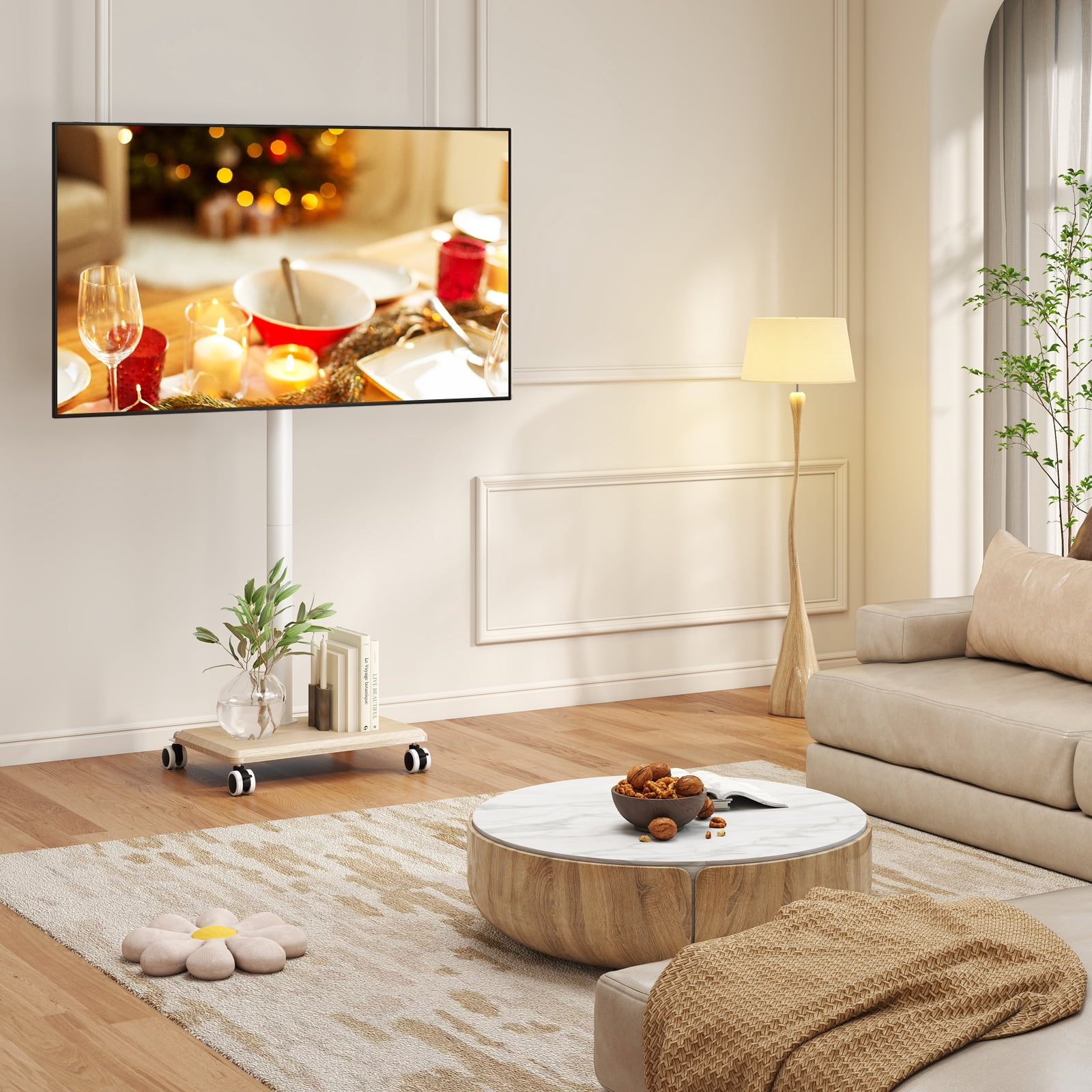 Universal Rolling TV Stand with Swivel Tilt, TV Mount Stand for 32-60 Inch Screens, Corner TV Stand with Height Adjustable Entertainment Wall Shelves