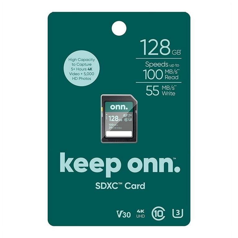 onn. 128GB Class 10 U3 SDXC Flash Memory Card