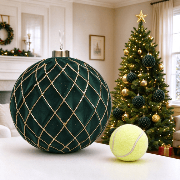 6 Inch Green Flocked Christmas Ball Ornament with Gold Thread Diamond Pattern, Large Velvet Xmas Tree Hanging Bauble Decor for Party