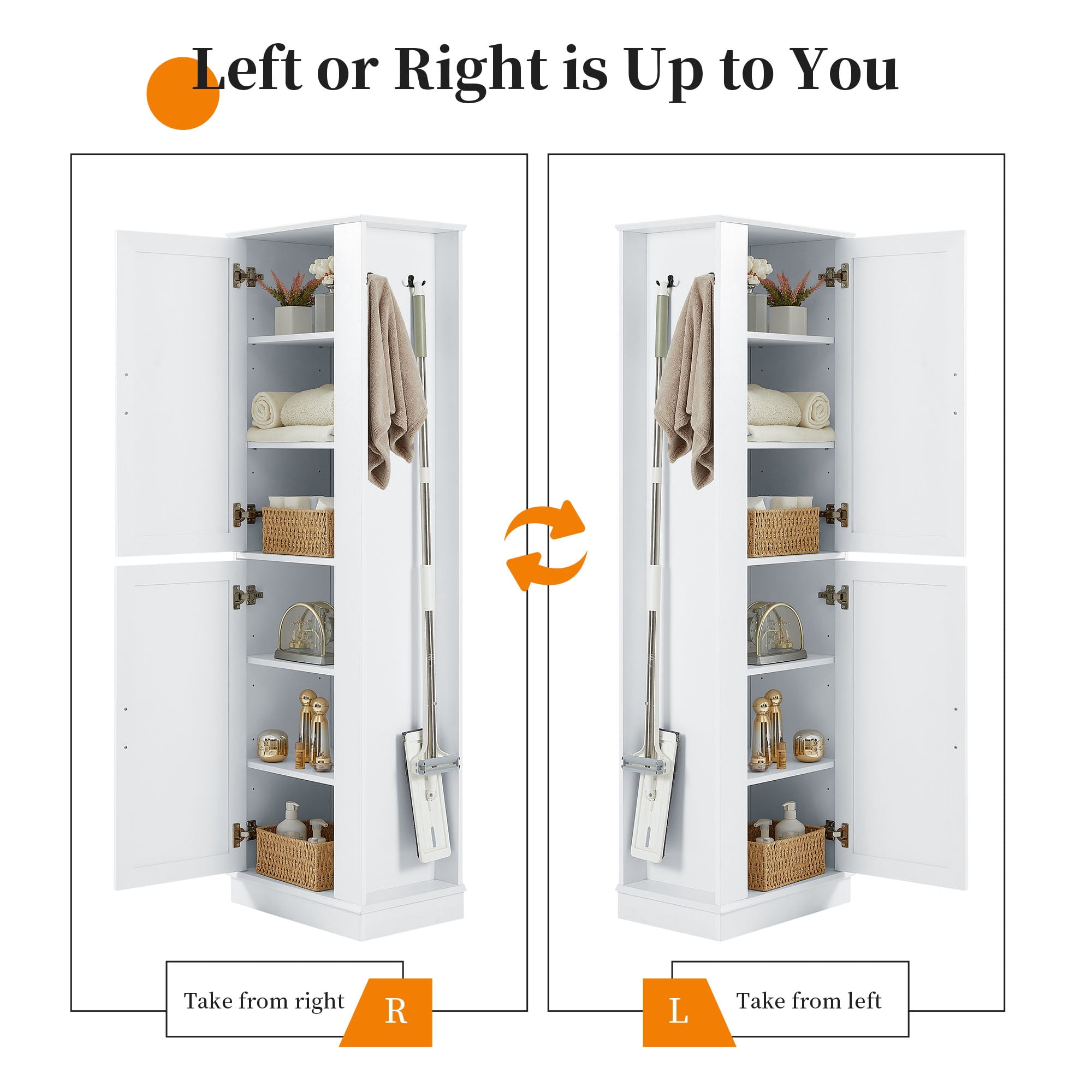 Harper & Bright Designs Tall Bathroom Storage Cabinet Doors and Hook, Modern Freestanding Cabinet with Adjustable Shelves for Bathroom, White