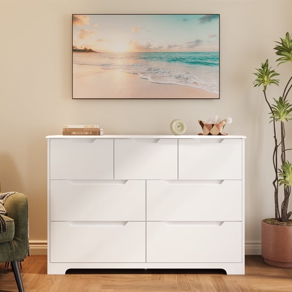 Asofer 7 Drawer Dresser, Wooden White Dresser with Cutout Handlefor Bedroom, Living Room, Kids Room, Entryway, Hallway, White