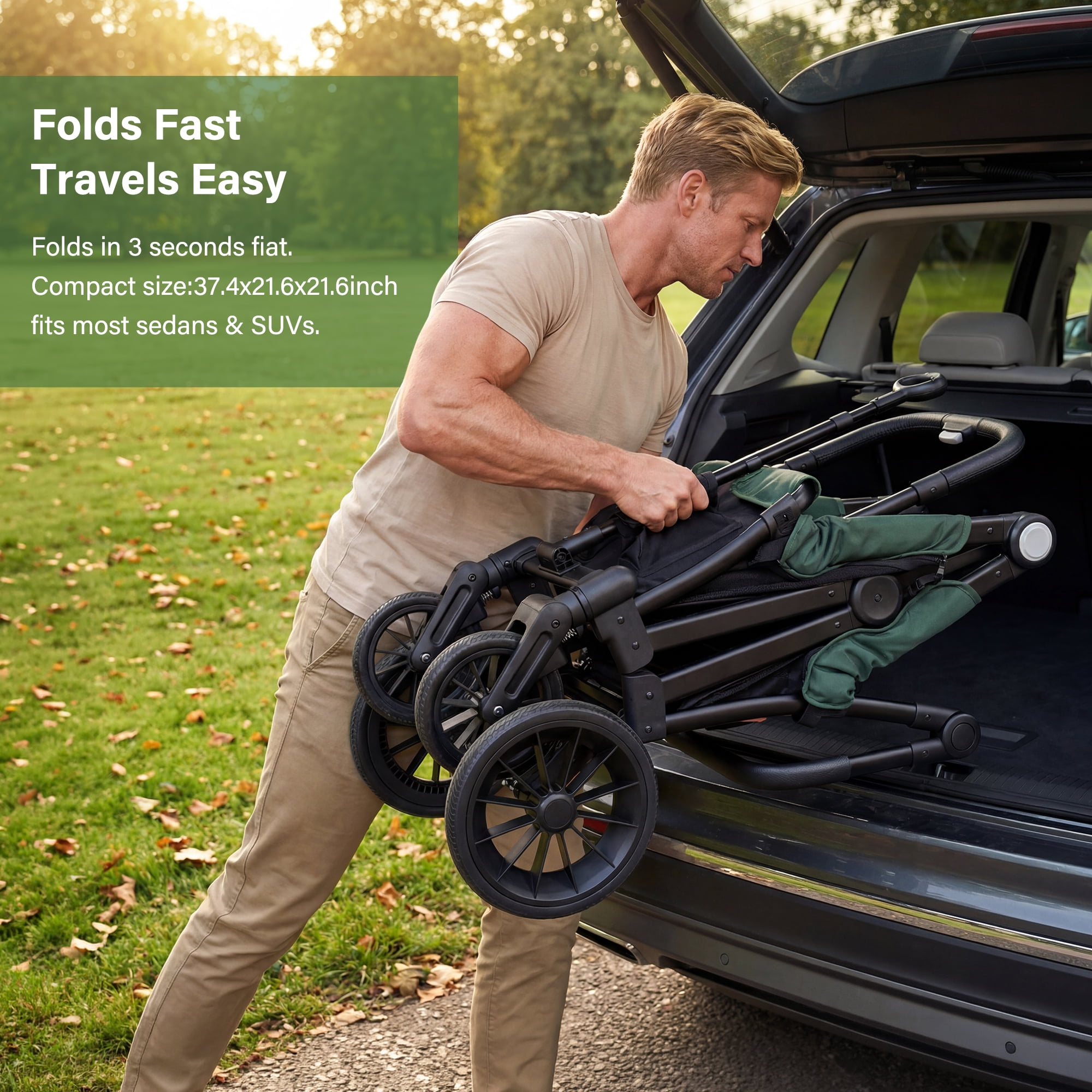 Bobiber Collapsible Wagon Stroller 2 Seater with 3-Point Harnesses, Canopy, Storage Bag, Adjustable Handlebar, 2 Cup Holders, Black