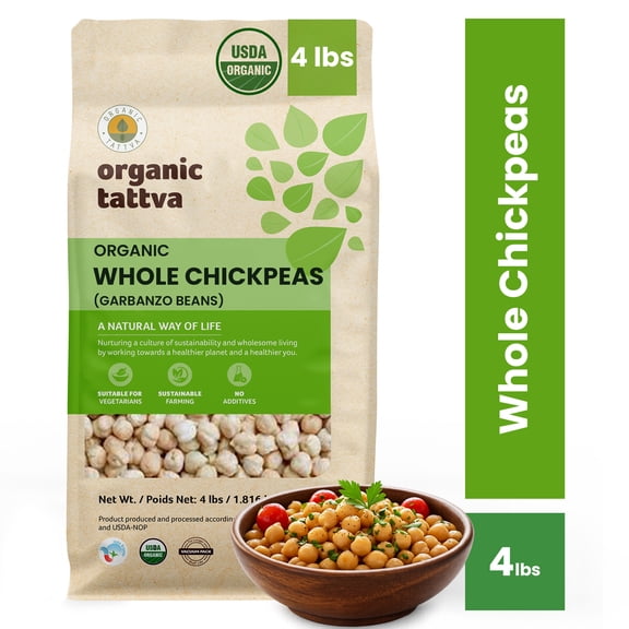 Organic Tattva Whole Chickpeas 4LB, Unpolished Garbanzo Beans, Kabuli Chana, Rich in Protein, Kosher, Gluten Free, USDA Certified