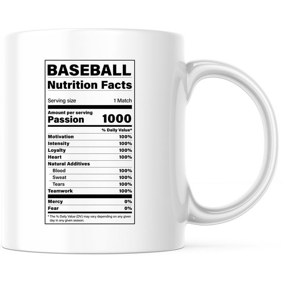 Baseball Nutrition Facts Mug, Funny Sports Gift, Unique Coffee Mug for Baseball Lovers, Passion Motivation Intensity - 11 Ounce Novelty Coffee Cup - WMUG0349