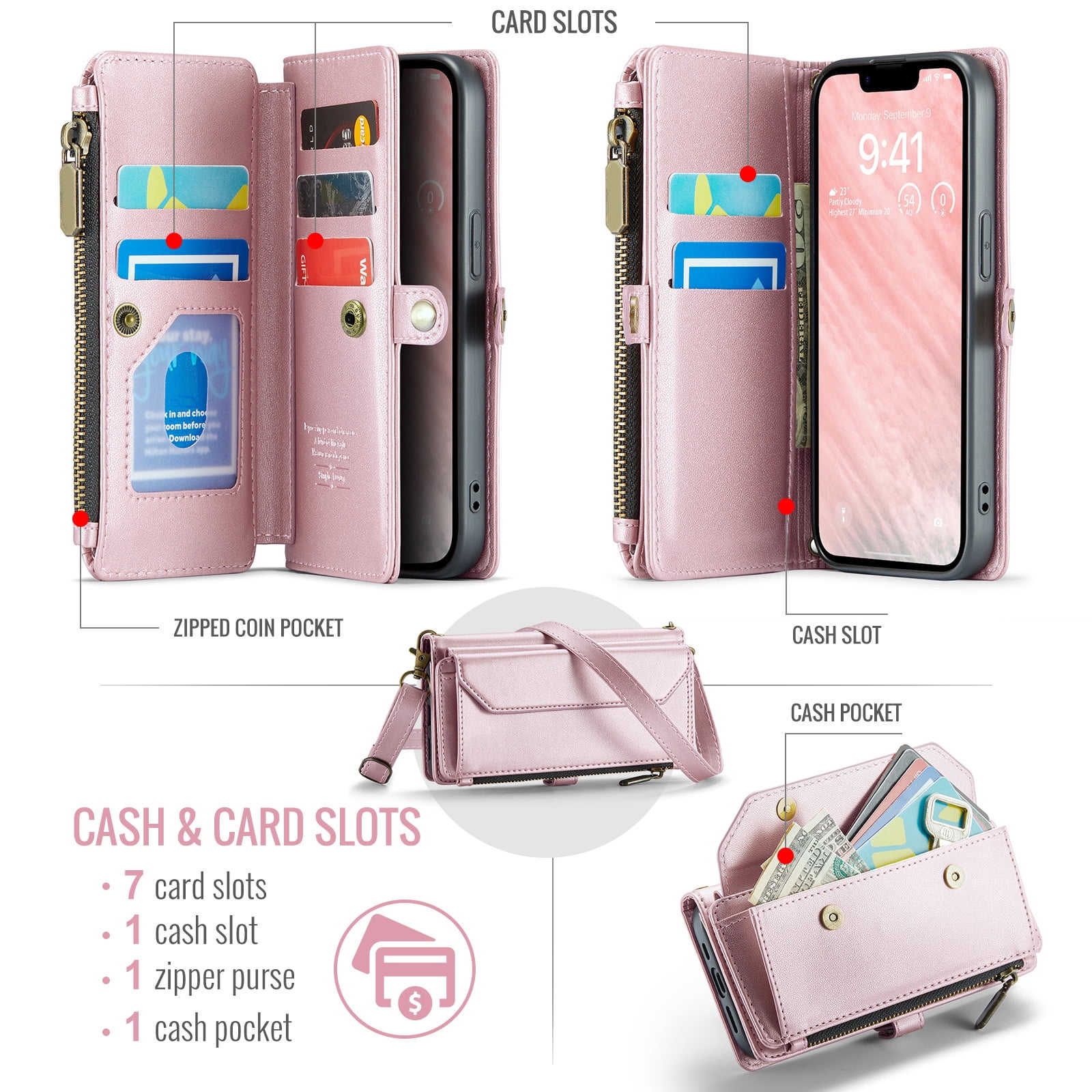 Compatible with iPhone 16e/SE 2025/SE 4 Zipper Wallet Phone Case Tempered Glass Screen Protector Crossbody Lanyard Strap Flip Card Holder Slot Cell Cover for i Phone16e i16e 16 e SE4 Women Rose Gold