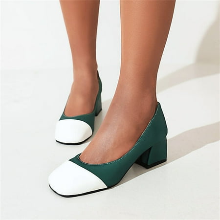 

Cathalem Ladies Fashion Color Blocking Leather Shallow Mouth Square Head Thick Heel Casual Single Womens Dress Shoes Low Heel Green 9