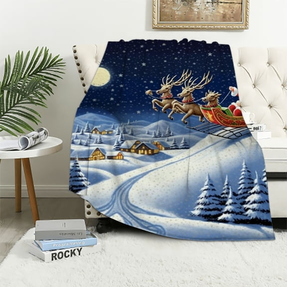 JEUXUS  Christmas Magic Blanket - Santa Claus Saint Nicholas Nick Kris Kringle Sleigh Reindeer - Gift Tapestry Throw Woven from Cotton - Made in The USA