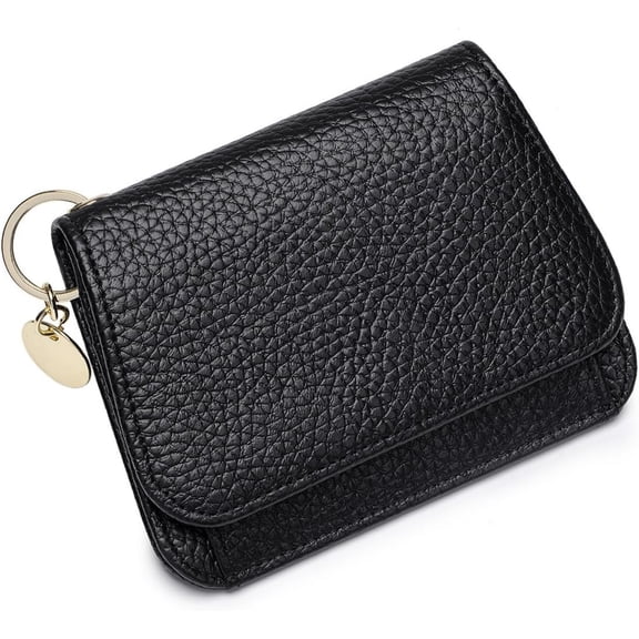Slim Leather Wallet For Women Small TriFold Credit Card Holder With Coin pocket, ID Window, Keychain, Black