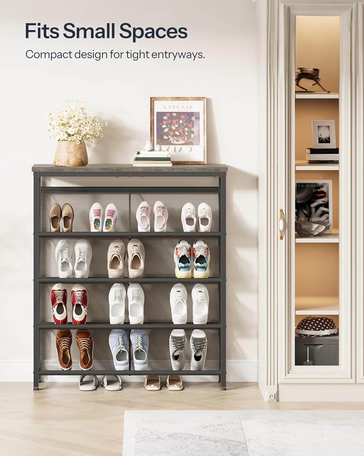 Shoe Rack, 5-Tier Slanted Shoe Storage Shelf, Narrow Shoe Rack for Entryway, Shoe Organizer with Adjustable Feet, Slim Shoe Shelf with Wooden Top and Metal Frame, Greige and Black TXJ02BG