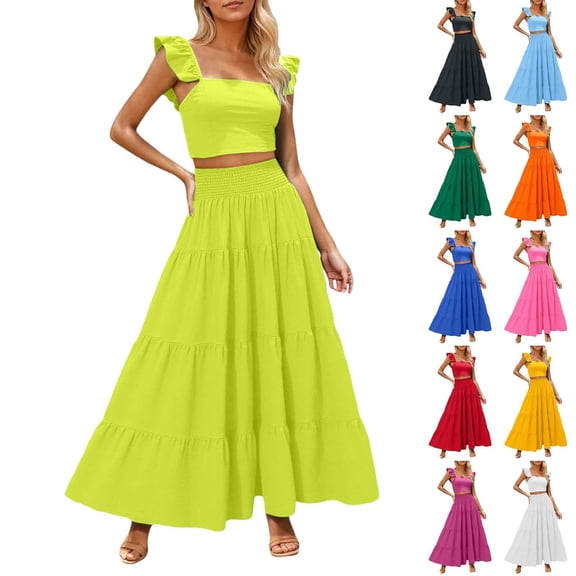 Maxi Skirt Sets Women 2 Piece Outfits Ruffle Sleeve Crop Tank Top and High Waist Tiered Skirt Casual Beach Dress Set White L