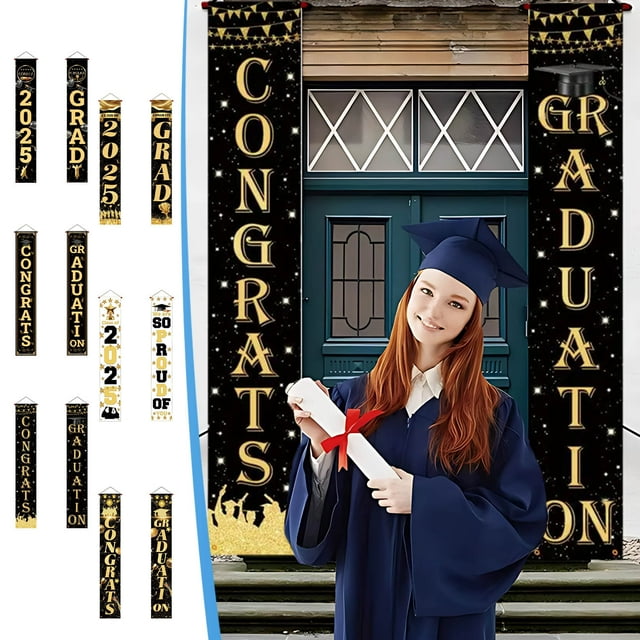 Banners para puerta y porche graduación 2025 | Cartel de bienvenida ¡Felicidades graduado! | Decoraciones grandes de tela Clase del 2025 para interior y exterior | Resistente al clima | 70.8 x 11.8